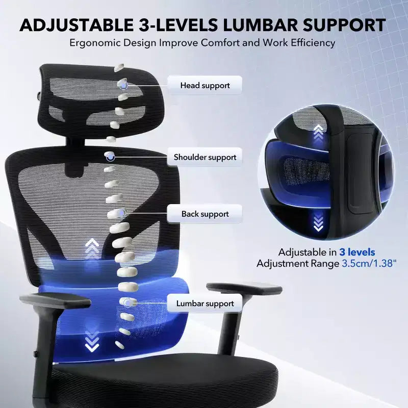 GustoWave Ergonomic Office Chair with Adjustable Lumbar Support, High-Back Mesh Desk Chair, Rolling Swivel Computer Task Chair for Home/Office