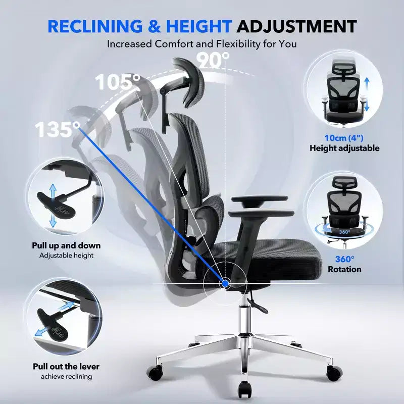 GustoWave Ergonomic Office Chair with Adjustable Lumbar Support, High-Back Mesh Desk Chair, Rolling Swivel Computer Task Chair for Home/Office