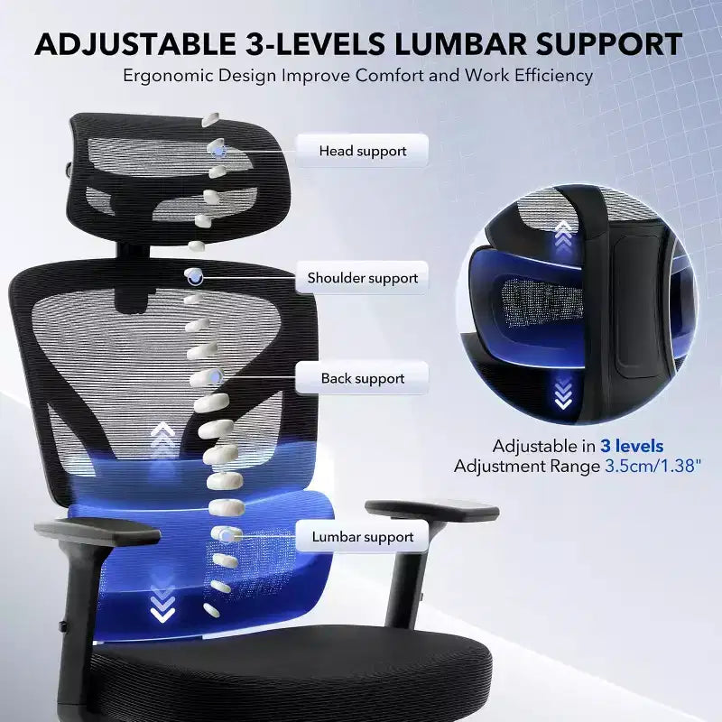 GustoWave Ergonomic Office Chair with Adjustable Lumbar Support, High-Back Mesh Desk Chair, Rolling Swivel Computer Task Chair for Home/Office