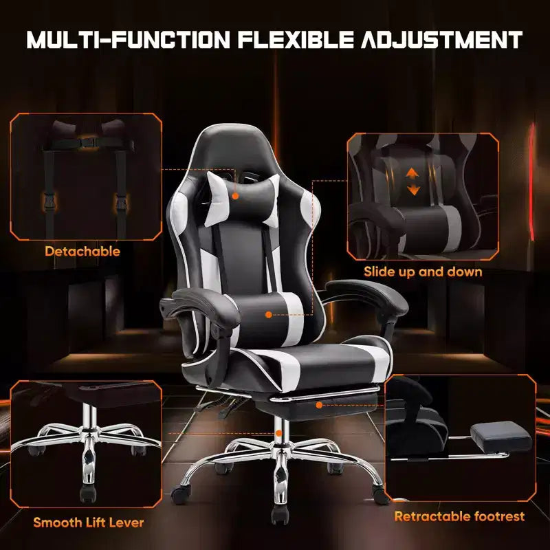 TUYOHW PU Leather Criss Cross Chair on Wheels with Footrest and Lumbar Support,Office Chair with Fixed Up Armrest,Gaming Chair for Office