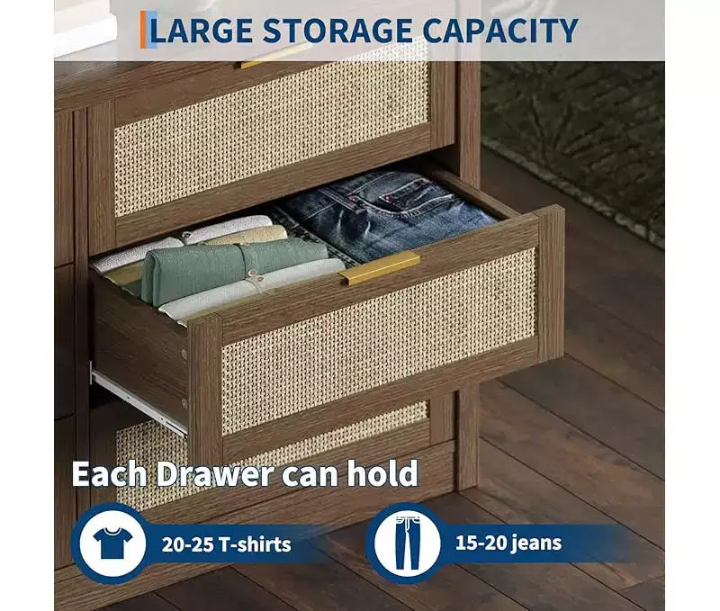 Commode à 6 tiroirs pour chambre, commode large en rotin, en bois avec poignées dorées, meuble TV de ferme, table d'entrée, commode moderne pour la pièce