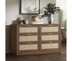 Commode à 6 tiroirs pour chambre, commode large en rotin, en bois avec poignées dorées, meuble TV de ferme, table d'entrée, commode moderne pour la pièce