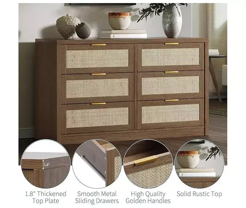 Commode à 6 tiroirs pour chambre, commode large en rotin, en bois avec poignées dorées, meuble TV de ferme, table d'entrée, commode moderne pour la pièce