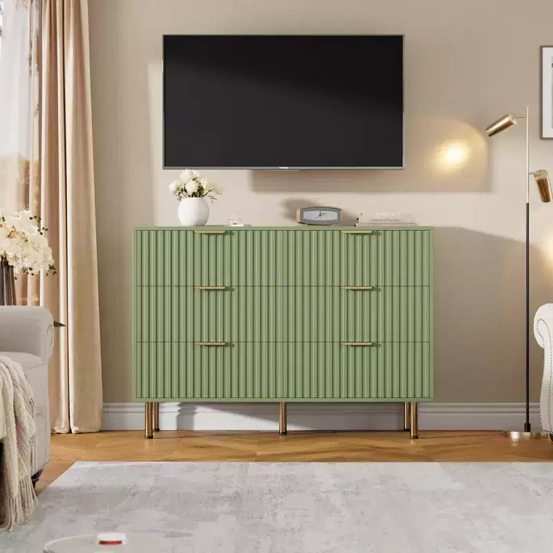 Commode double à 6 tiroirs, commode en bois cannelé de 120 cm avec rangement profond et grand plateau - Meuble TV pour salon, chambre, couloir