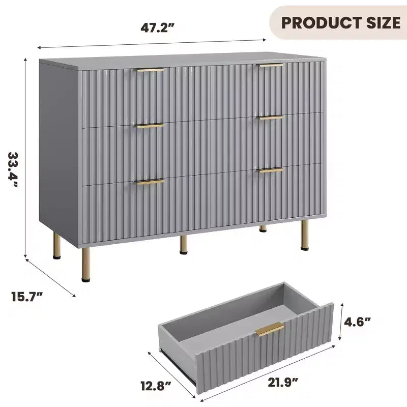 Commode double à 6 tiroirs, commode en bois cannelé de 120 cm avec rangement profond et grand plateau - Meuble TV pour salon, chambre, couloir