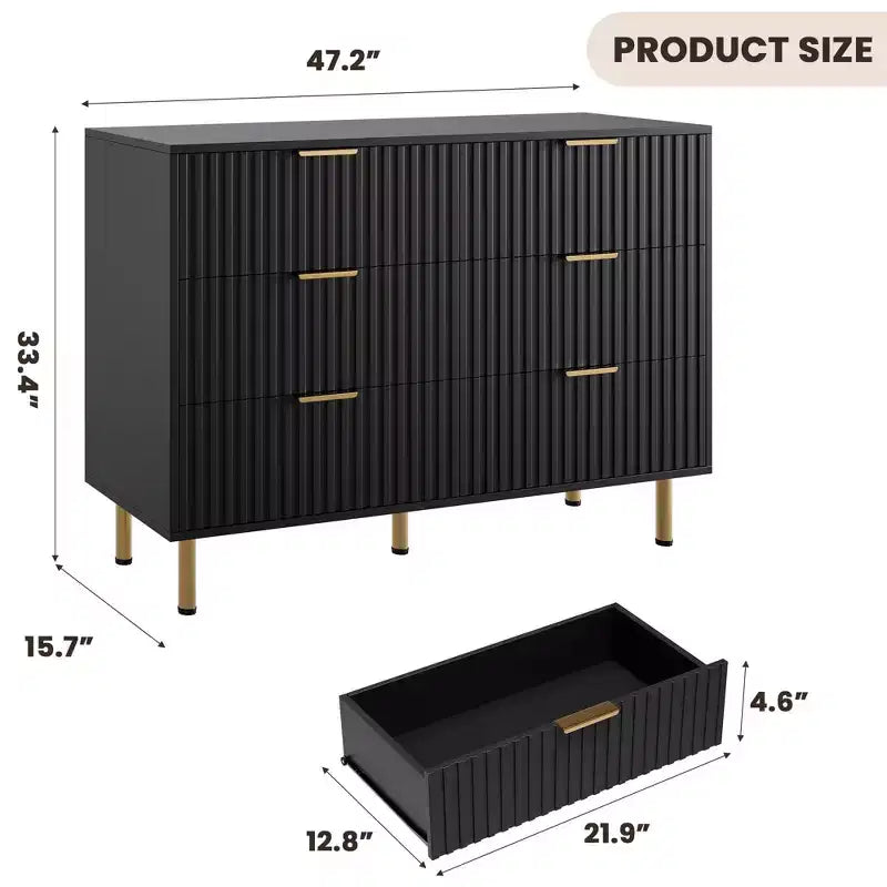 Commode double à 6 tiroirs, commode en bois cannelé de 120 cm avec rangement profond et grand plateau - Meuble TV pour salon, chambre, couloir