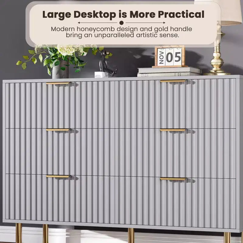 Commode double à 6 tiroirs, commode en bois cannelé de 120 cm avec rangement profond et grand plateau - Meuble TV pour salon, chambre, couloir