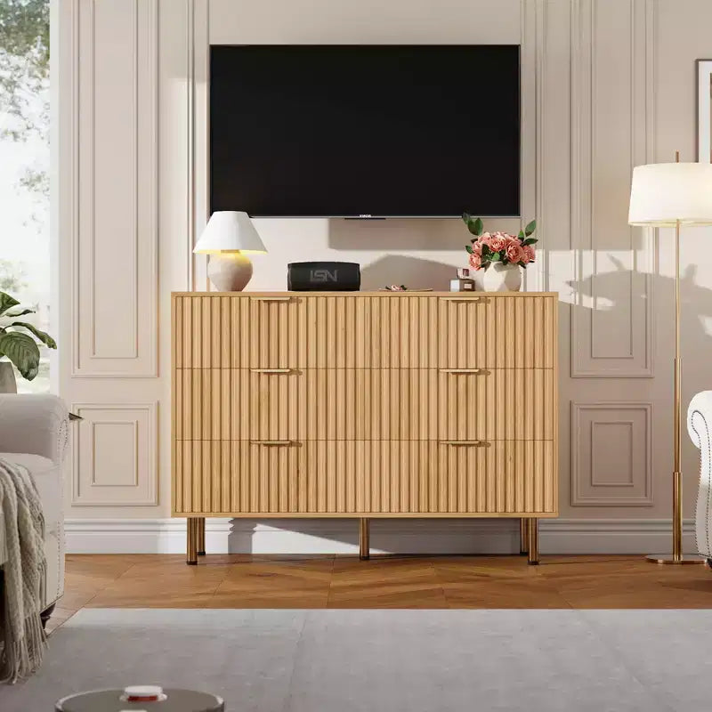 Commode double à 6 tiroirs, commode en bois cannelé de 120 cm avec rangement profond et grand plateau - Meuble TV pour salon, chambre, couloir