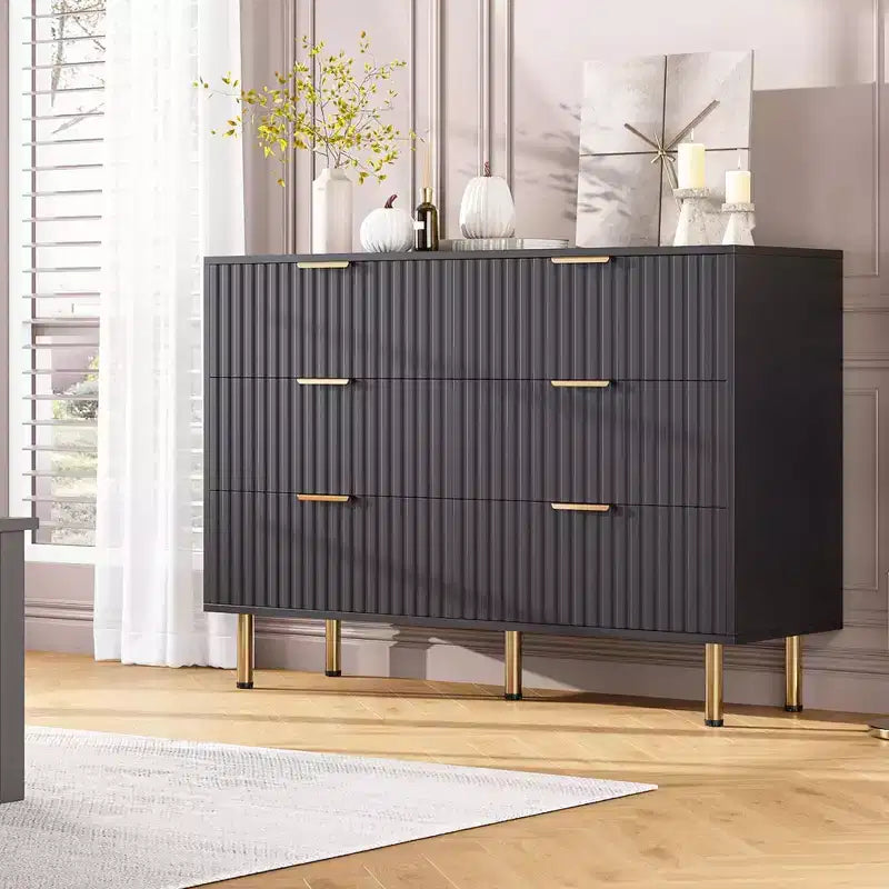 Commode double à 6 tiroirs, commode en bois cannelé de 120 cm avec rangement profond et grand plateau - Meuble TV pour salon, chambre, couloir