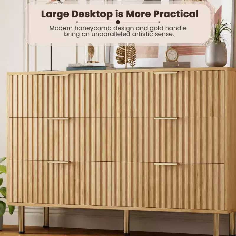 Commode double à 6 tiroirs, commode en bois cannelé de 120 cm avec rangement profond et grand plateau - Meuble TV pour salon, chambre, couloir