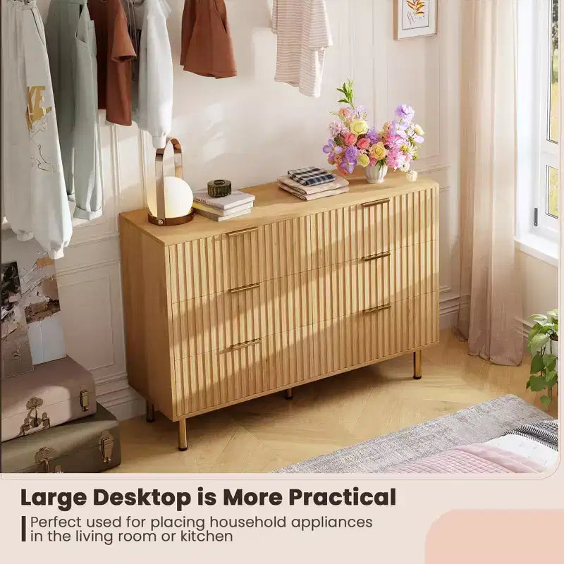 Commode double à 6 tiroirs, commode en bois cannelé de 120 cm avec rangement profond et grand plateau - Meuble TV pour salon, chambre, couloir