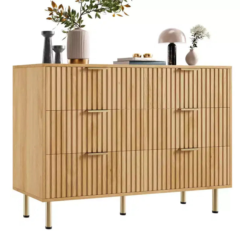 Commode double à 6 tiroirs, commode en bois cannelé de 120 cm avec rangement profond et grand plateau - Meuble TV pour salon, chambre, couloir