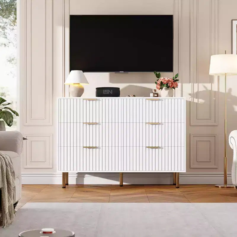 Commode double à 6 tiroirs, commode en bois cannelé de 120 cm avec rangement profond et grand plateau - Meuble TV pour salon, chambre, couloir