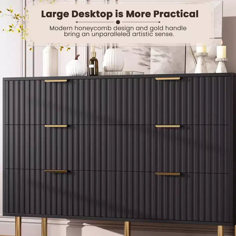 Commode double à 6 tiroirs, commode en bois cannelé de 120 cm avec rangement profond et grand plateau - Meuble TV pour salon, chambre, couloir