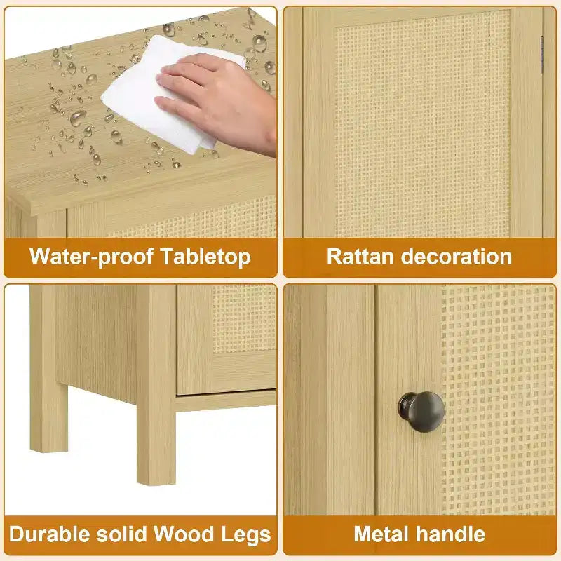 Meuble de rangement avec porte en rotin tressé, Organisateur autoportant peu encombrant à 2 niveaux, Table de chevet de finition pour salle de bain, cuisine, salon