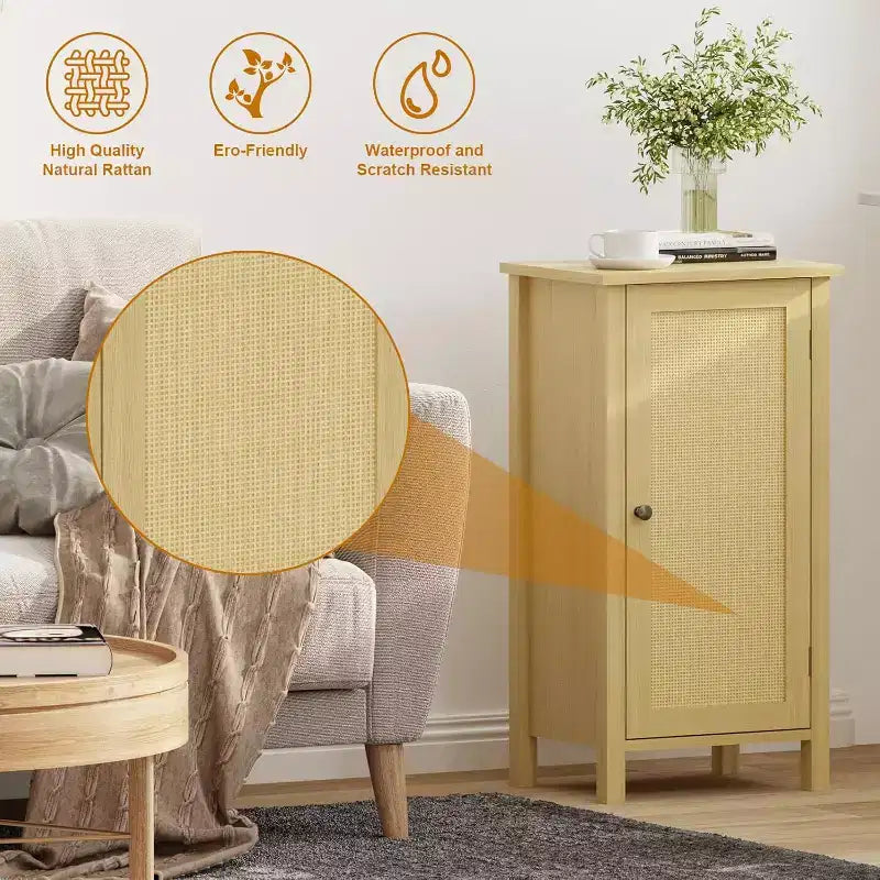 Meuble de rangement avec porte en rotin tressé, Organisateur autoportant peu encombrant à 2 niveaux, Table de chevet de finition pour salle de bain, cuisine, salon