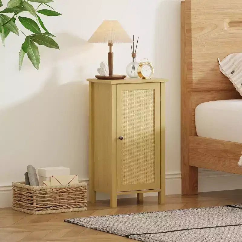 Meuble de rangement avec porte en rotin tressé, Organisateur autoportant peu encombrant à 2 niveaux, Table de chevet de finition pour salle de bain, cuisine, salon