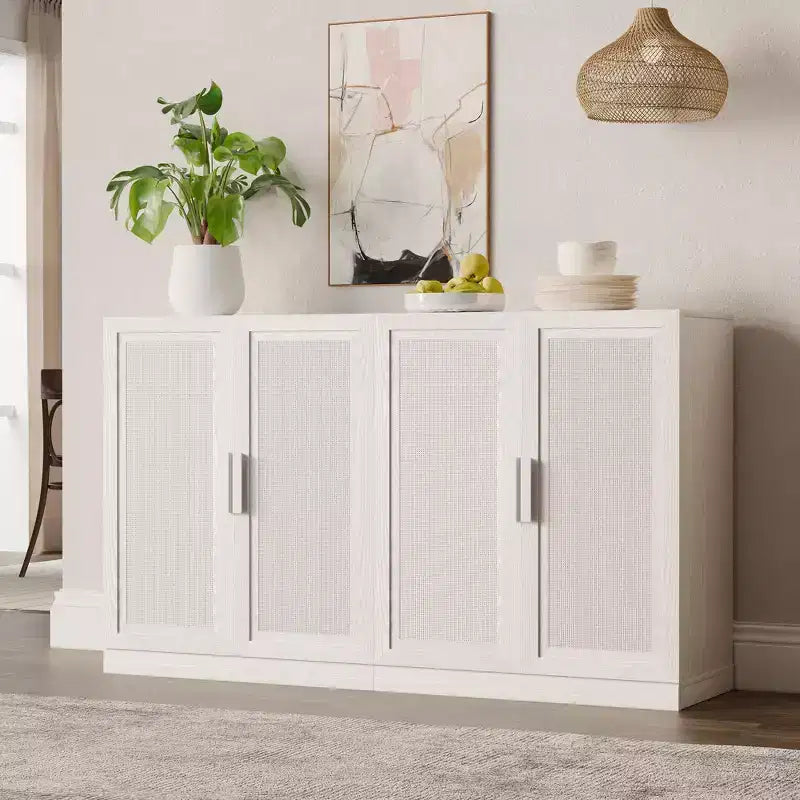 Buffet de rangement à portes en rotin 3 pièces avec étagères réglables - 93Lx36H