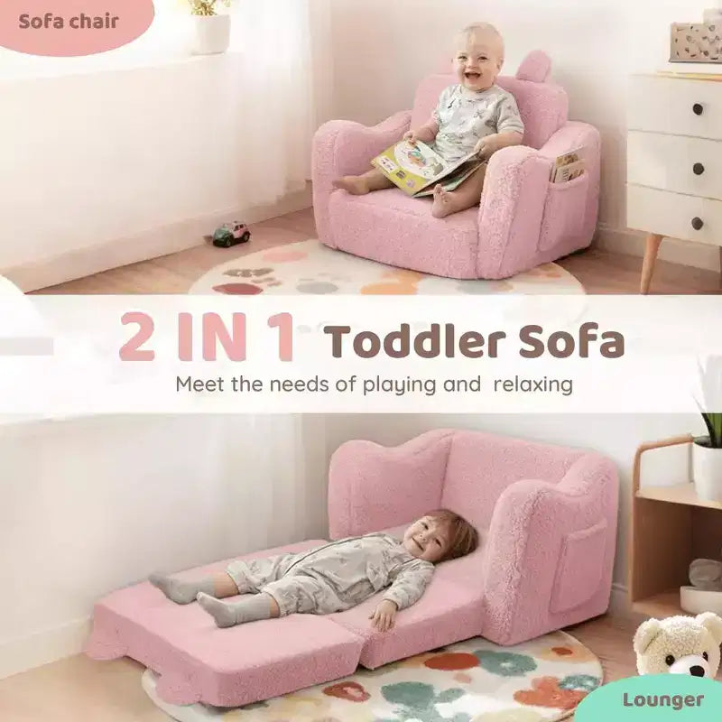 Kinder King Toddler Sofa Chair, 2-in-1 Foldable Baby Couch Flip Open Sofa Bed for Playroom, Pink