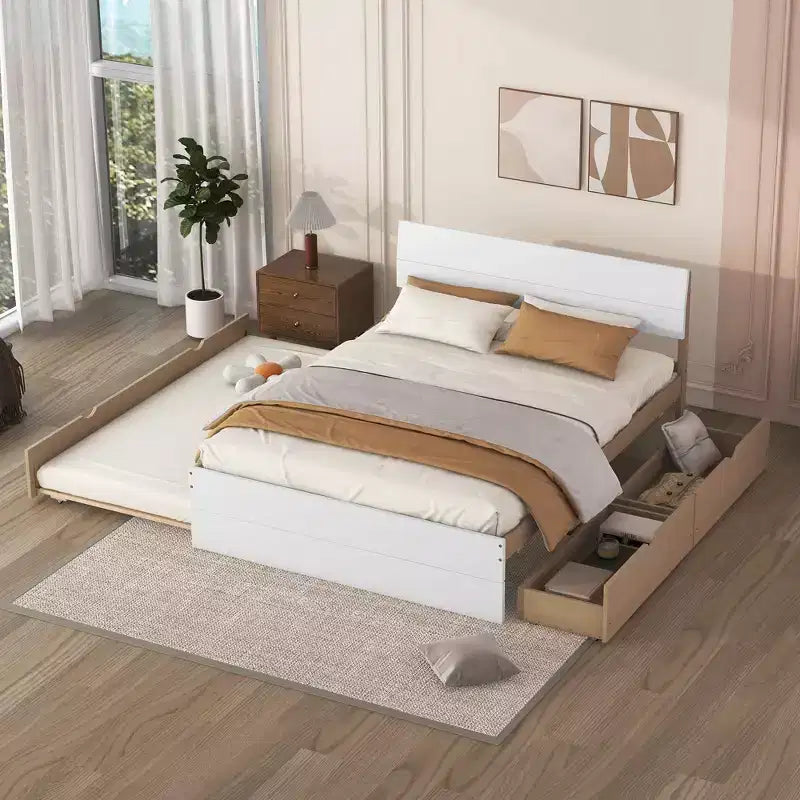 Full Size Sturdy Wood Bed Frame with Twin Trundle and 2 Storage Drawers, no Box Spring Needed, Trundle Bed for Bedroom, Guest Room, or Small Space