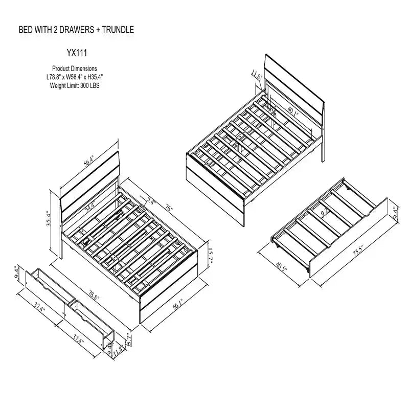 Full Size Sturdy Wood Bed Frame with Twin Trundle and 2 Storage Drawers, no Box Spring Needed, Trundle Bed for Bedroom, Guest Room, or Small Space