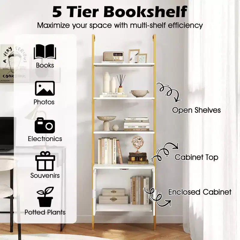Costway 2PCS 72.5 Tall Bookshelf 5 Tier Wall Mount Ladder Bookcase w/ Cabinet
