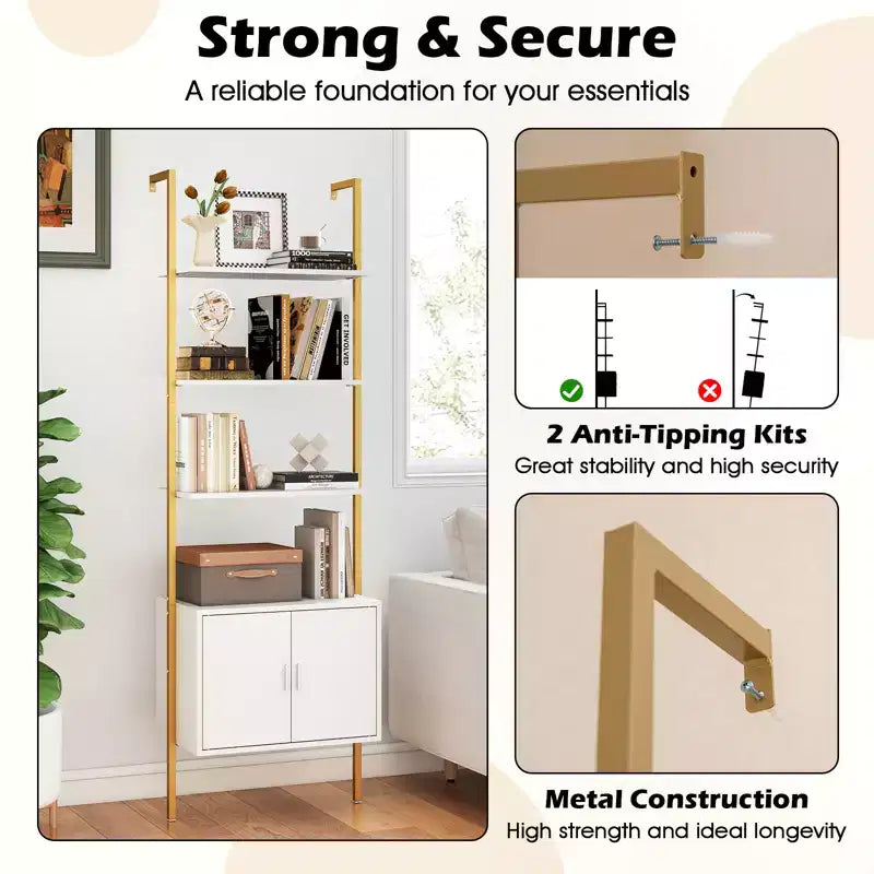 Costway 2PCS 72.5 Tall Bookshelf 5 Tier Wall Mount Ladder Bookcase w/ Cabinet