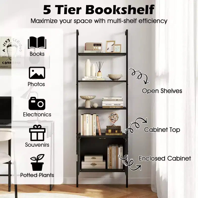 Costway 2PCS 72.5 Tall Bookshelf 5 Tier Wall Mount Ladder Bookcase w/ Cabinet
