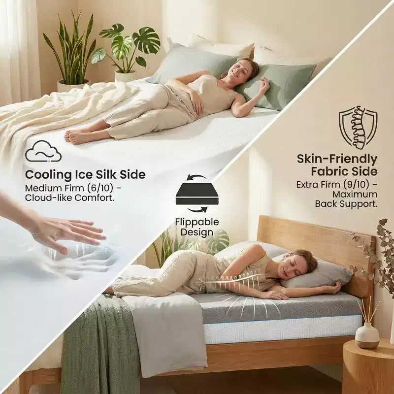 Dyonery Cooling Memory Foam Mattress, Dual-Sided Firmness with Ice Silk Cover, Green Tea Gel Bed for Sleep Support