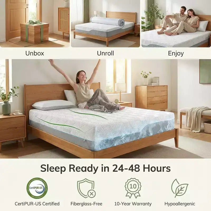 Dyonery Cooling Memory Foam Mattress, Dual-Sided Firmness with Ice Silk Cover, Green Tea Gel Bed for Sleep Support