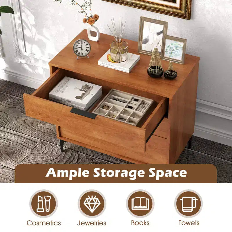 Costway 3-Drawer Dresser w/ Metal Support Legs & Anti-tipping Kit for Bedroom Cherry
