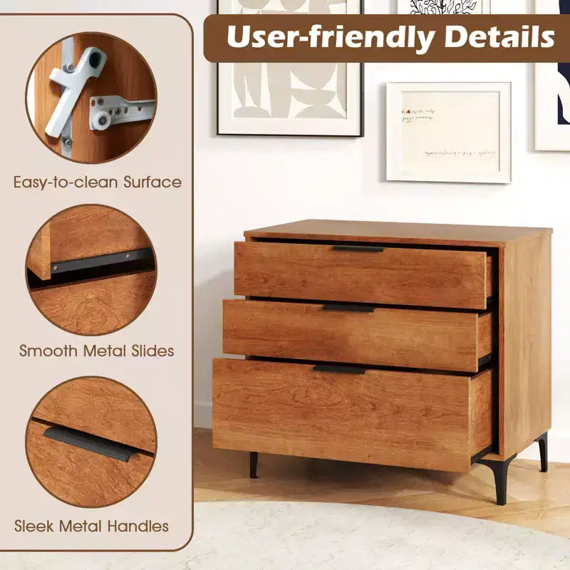 Costway 3-Drawer Dresser w/ Metal Support Legs & Anti-tipping Kit for Bedroom Cherry