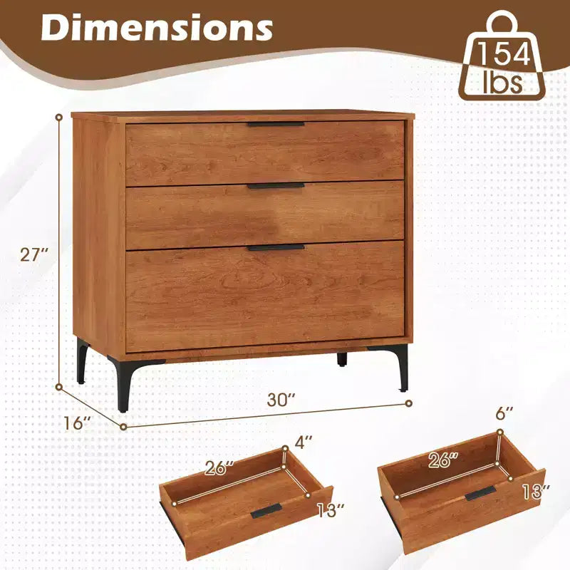 Costway 3-Drawer Dresser w/ Metal Support Legs & Anti-tipping Kit for Bedroom Cherry