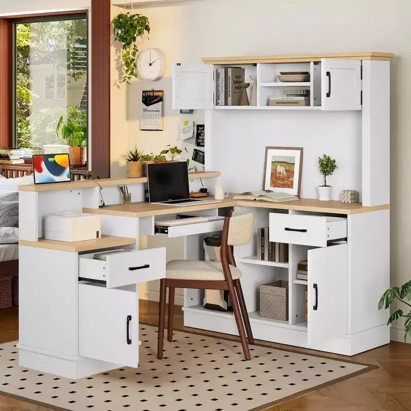 Bureau de jeu en L Bellemave avec prise, tiroirs, étagère, bureau d'étude en L pour coin