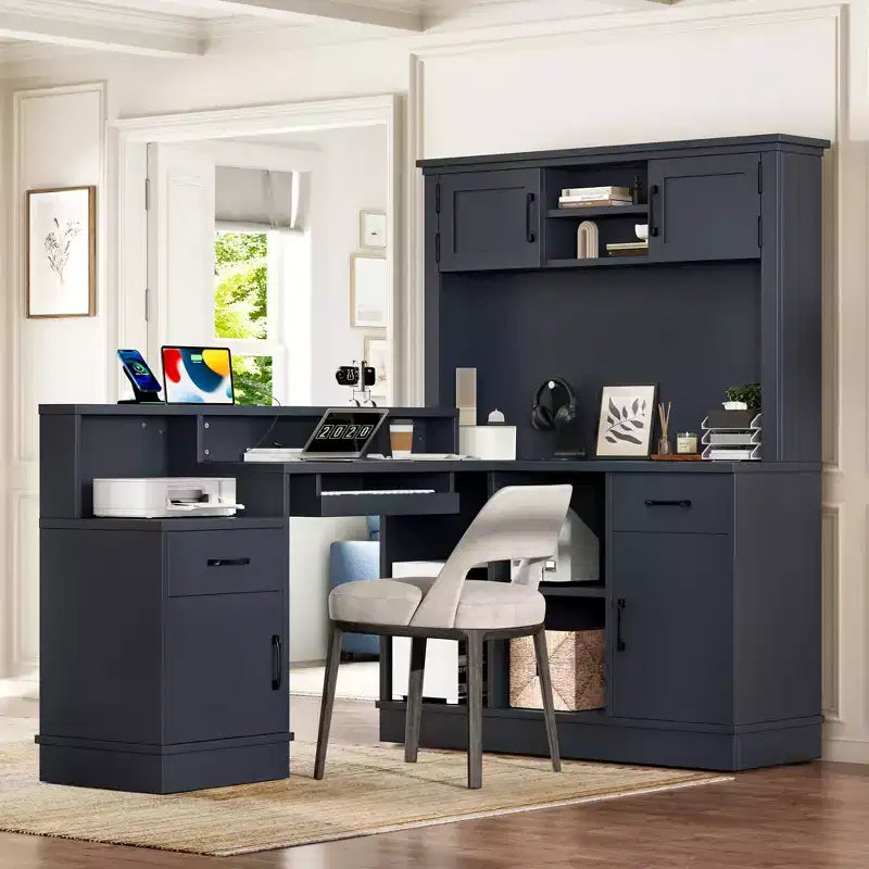 Bureau de jeu en L Bellemave avec prise, tiroirs, étagère, bureau d'étude en L pour coin