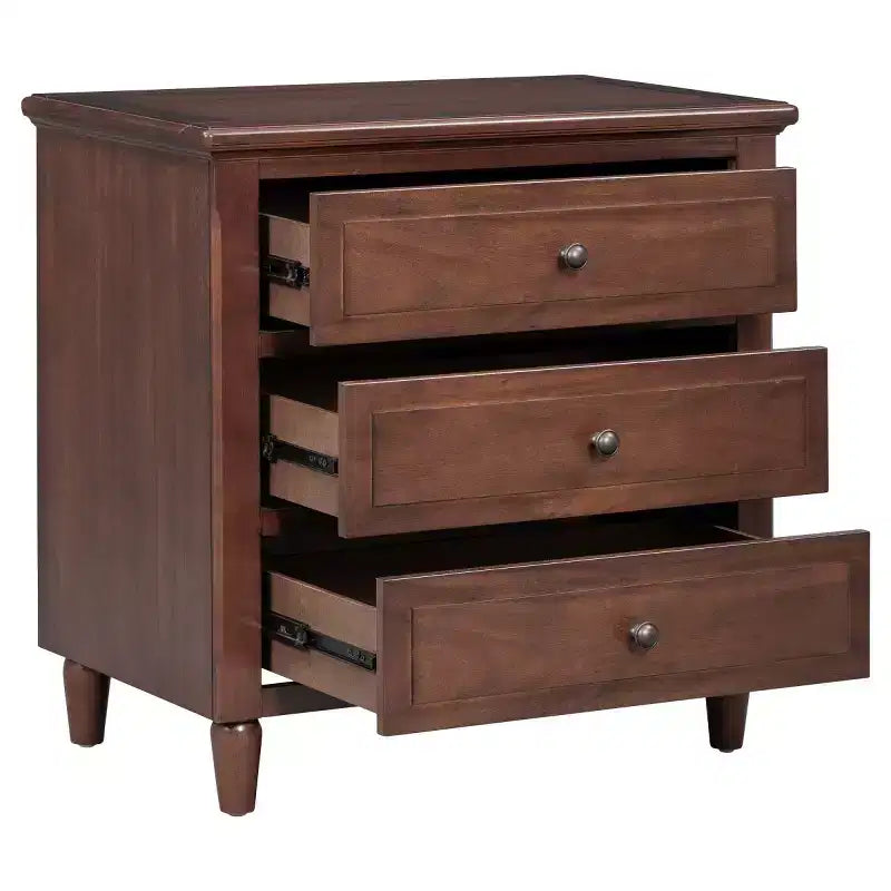 Table de chevet moderne à 3 tiroirs, meuble élégant avec poignées métalliques et pieds en bois d'hévéa - Panipeachy