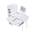 Coiffeuse moderne Okak avec miroir de forme irrégulière, coiffeuse de maquillage avec 3 tiroirs, 2 étagères ouvertes et 4 armoires cachées, bureau de maquillage, blanc