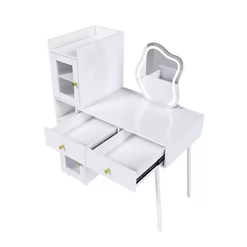 Coiffeuse moderne Okak avec miroir de forme irrégulière, coiffeuse de maquillage avec 3 tiroirs, 2 étagères ouvertes et 4 armoires cachées, bureau de maquillage, blanc