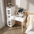 Coiffeuse moderne Okak avec miroir de forme irrégulière, coiffeuse de maquillage avec 3 tiroirs, 2 étagères ouvertes et 4 armoires cachées, bureau de maquillage, blanc