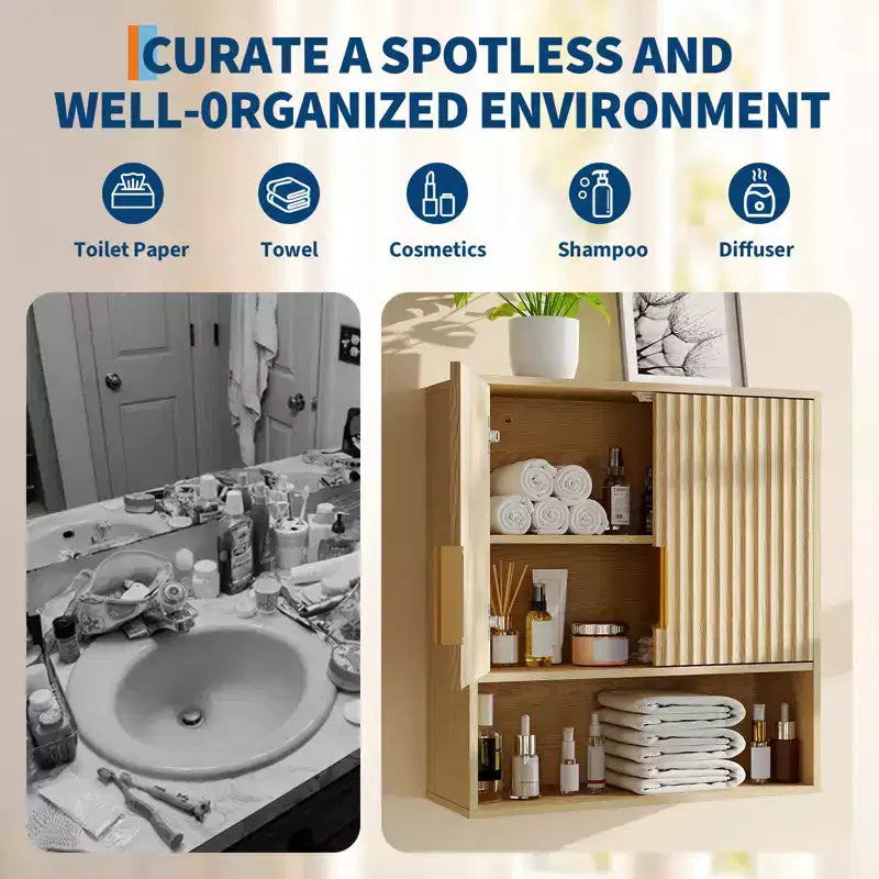 Wall Mounted Bathroom Storage Cabinet, 2-Tier over the Toilet Organizer, Waterproof Wooden Cabinet for Bathroom, Kitchen, Living Room