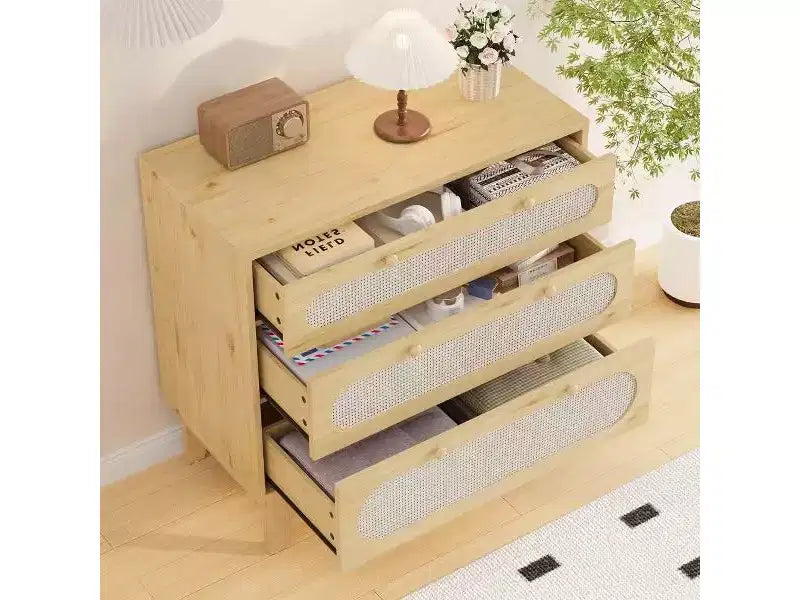 Commode en rotin à 3 tiroirs pour chambre à coucher, lot de 2 commodes modernes en bois avec poignées pour chambre à coucher, design anti-basculement, couloir et salon