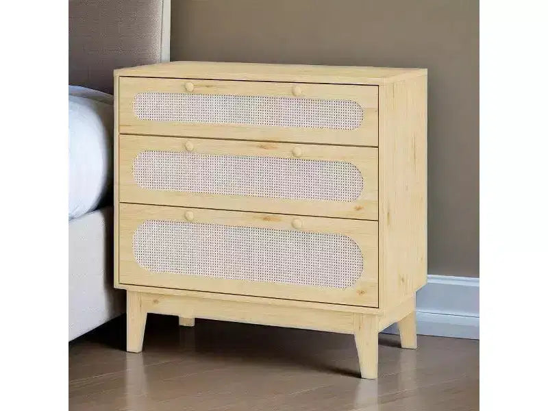 Commode en rotin à 3 tiroirs pour chambre à coucher, lot de 2 commodes modernes en bois avec poignées pour chambre à coucher, design anti-basculement, couloir et salon