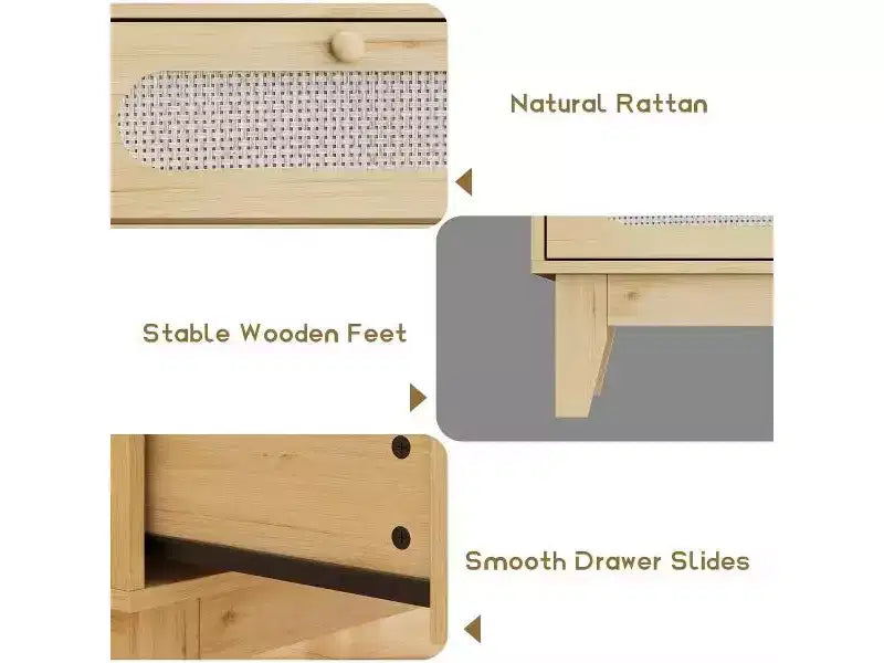 Commode en rotin à 3 tiroirs pour chambre à coucher, lot de 2 commodes modernes en bois avec poignées pour chambre à coucher, design anti-basculement, couloir et salon