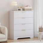 55 White Wave Panel 4-Drawer Dresser, Tall Storage Cabinet with Wood Tone Finish, Multi-Functional Organizer for Nursery Hallway Living Room