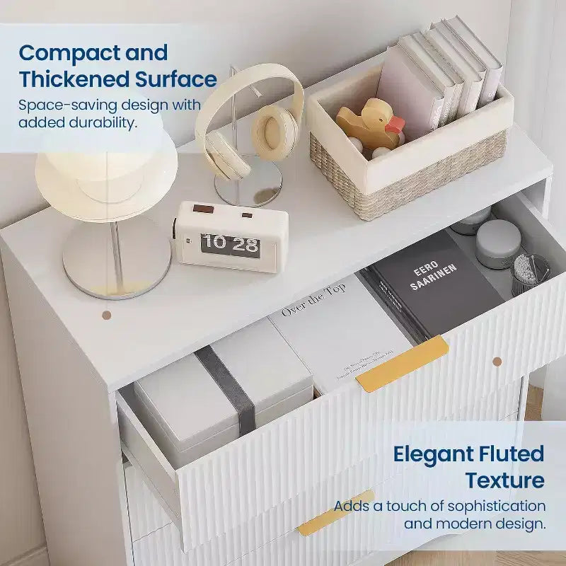 55 White Wave Panel 4-Drawer Dresser, Tall Storage Cabinet with Wood Tone Finish, Multi-Functional Organizer for Nursery Hallway Living Room