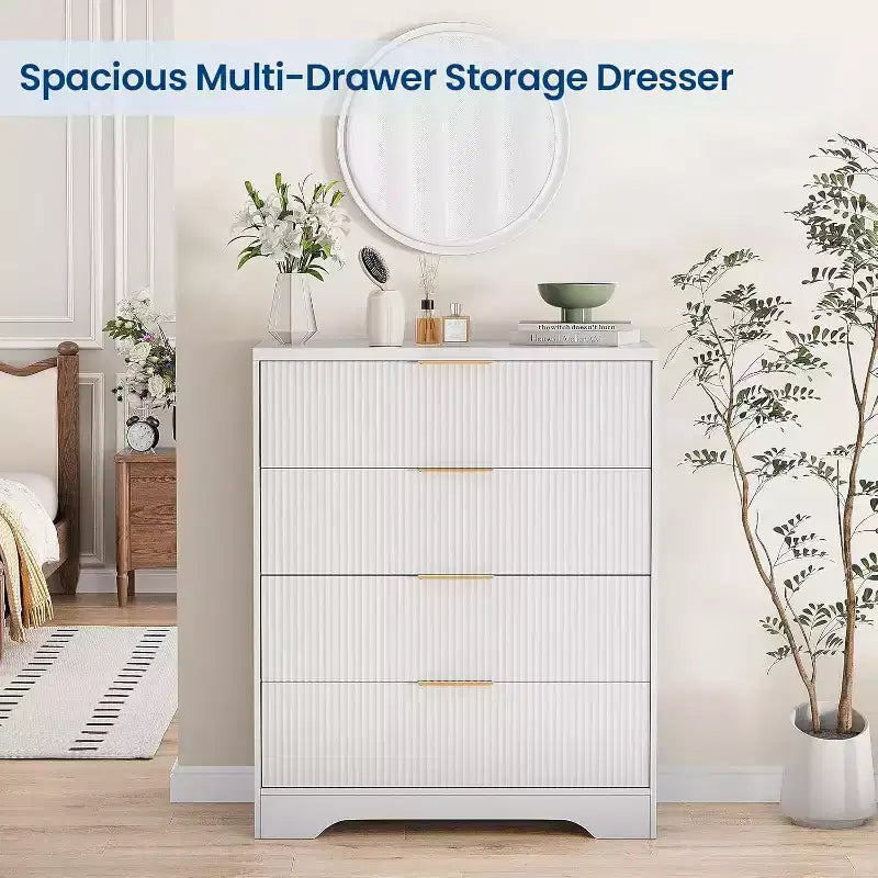 55 White Wave Panel 4-Drawer Dresser, Tall Storage Cabinet with Wood Tone Finish, Multi-Functional Organizer for Nursery Hallway Living Room
