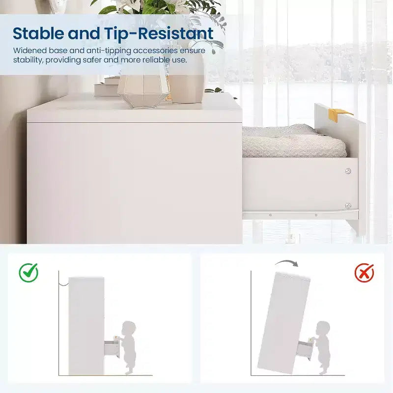 55 White Wave Panel 4-Drawer Dresser, Tall Storage Cabinet with Wood Tone Finish, Multi-Functional Organizer for Nursery Hallway Living Room