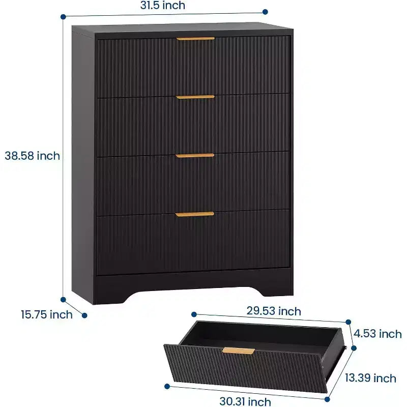 55 White Wave Panel 4-Drawer Dresser, Tall Storage Cabinet with Wood Tone Finish, Multi-Functional Organizer for Nursery Hallway Living Room