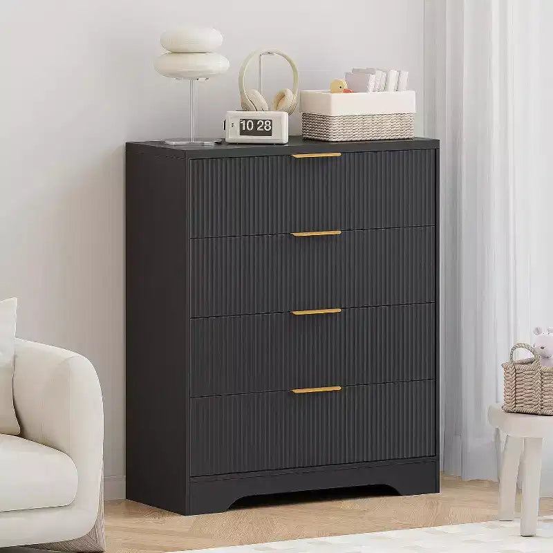 55 White Wave Panel 4-Drawer Dresser, Tall Storage Cabinet with Wood Tone Finish, Multi-Functional Organizer for Nursery Hallway Living Room