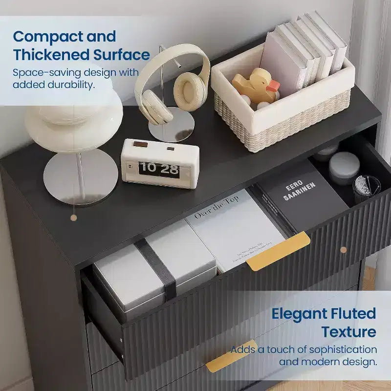 55 White Wave Panel 4-Drawer Dresser, Tall Storage Cabinet with Wood Tone Finish, Multi-Functional Organizer for Nursery Hallway Living Room